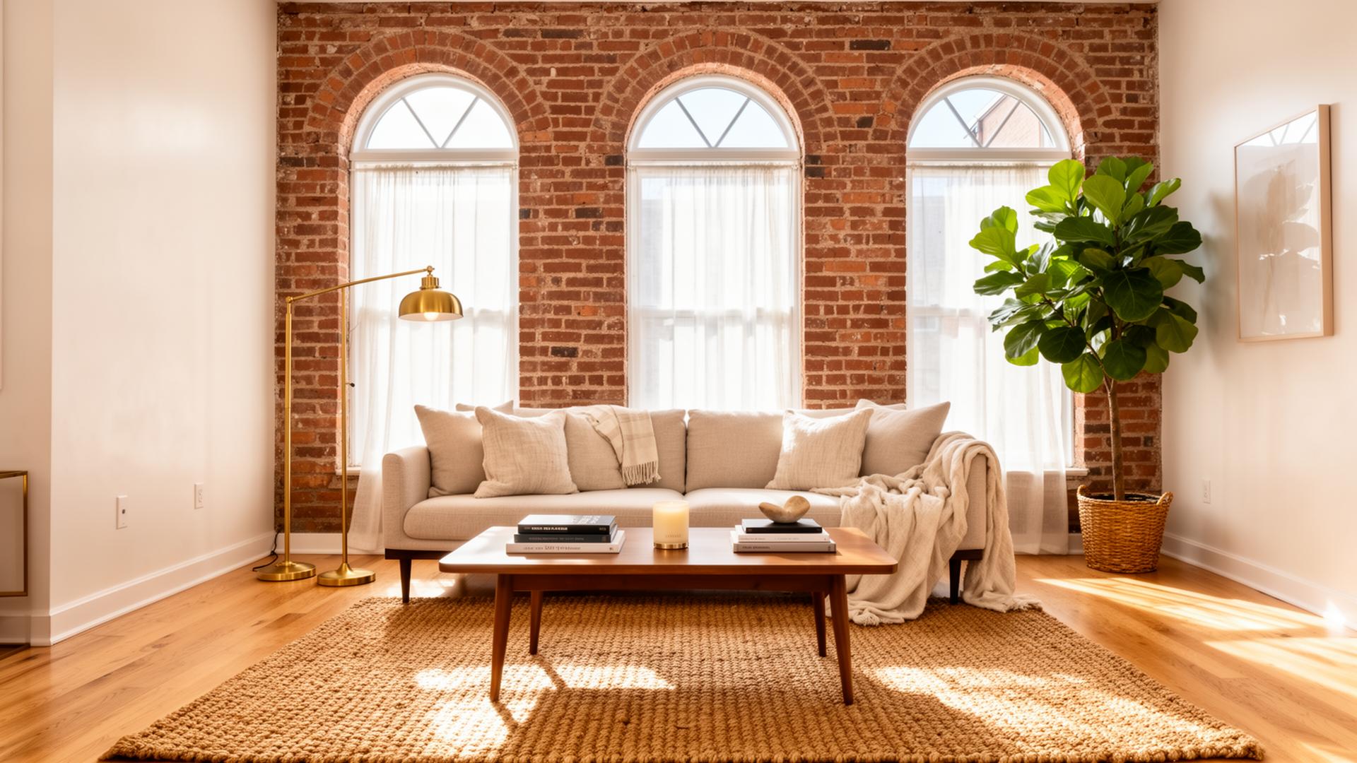 Freshly cleaned bright Philadelphia Airbnb living room with folded linens ready for guests