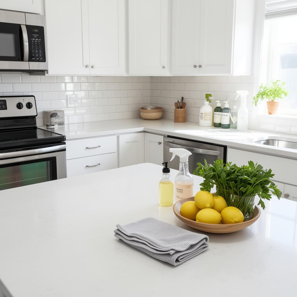 Sparkling deep-cleaned kitchen with polished appliances and counters