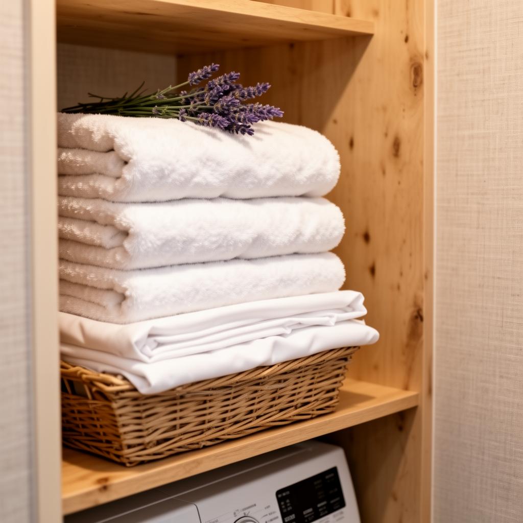 Stack of folded fresh white hotel-style linens and towels