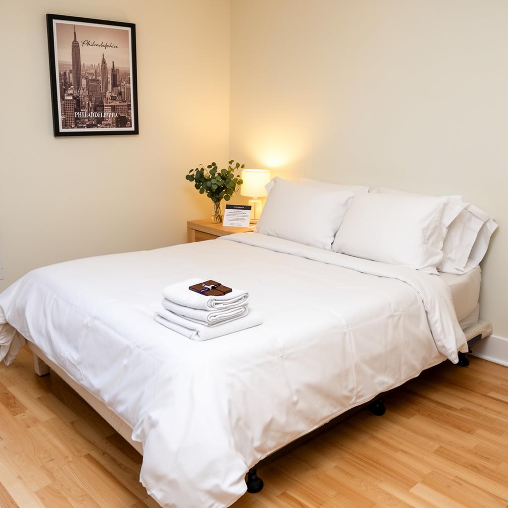 Cleaner remaking a guest bed during a Philadelphia Airbnb turnover